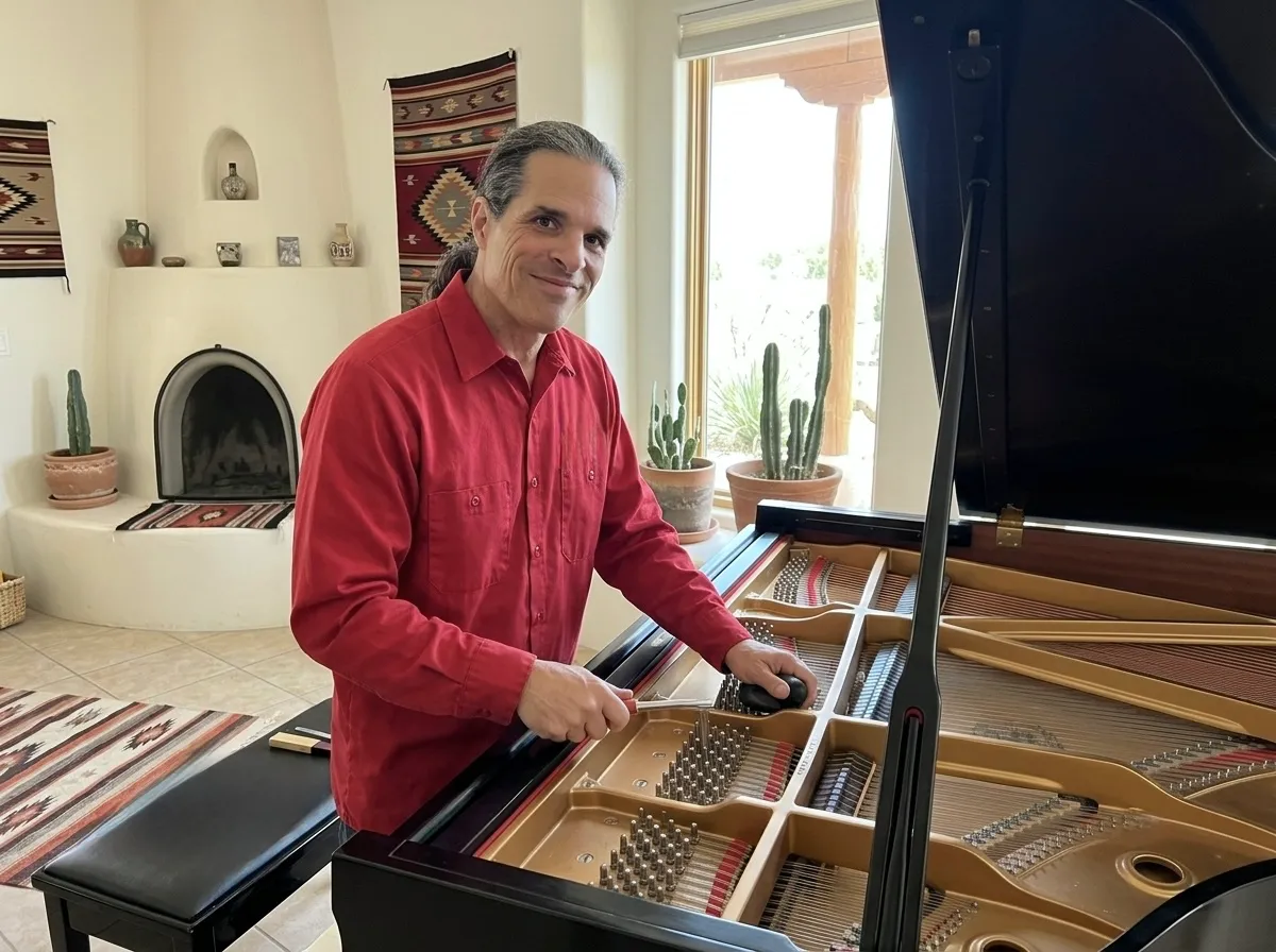 Tom Lepinski performing grand piano service in Sandia Park, NM.