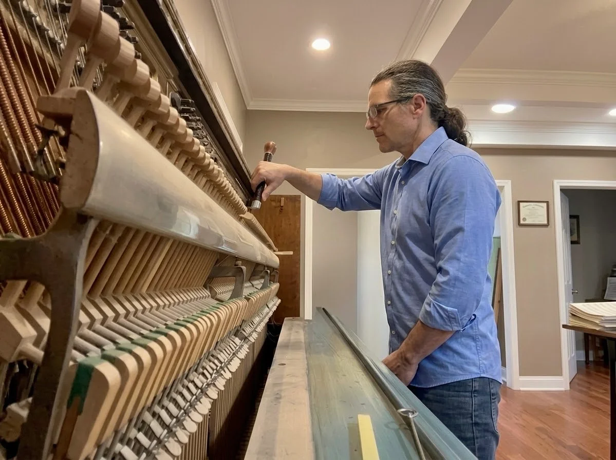 Tom Lepinski tuning an old upright piano in Edgewood, NM.